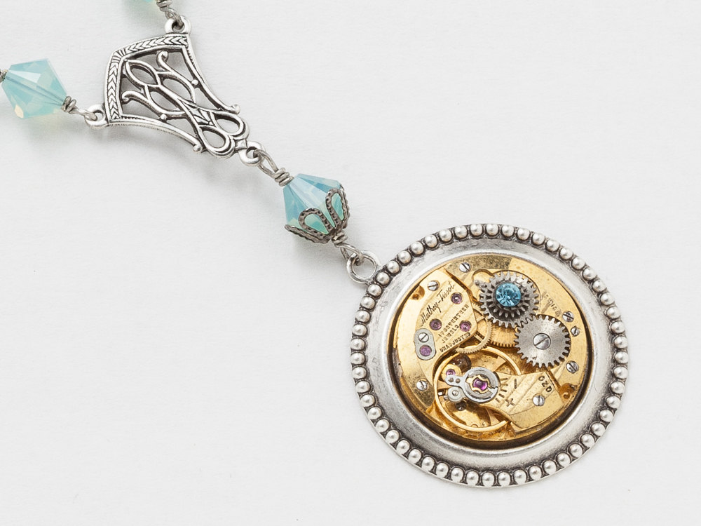 Steampunk Necklace gold watch movement with blue opal Swarovski crystal beads silver filigree pendant Victorian Jewelry