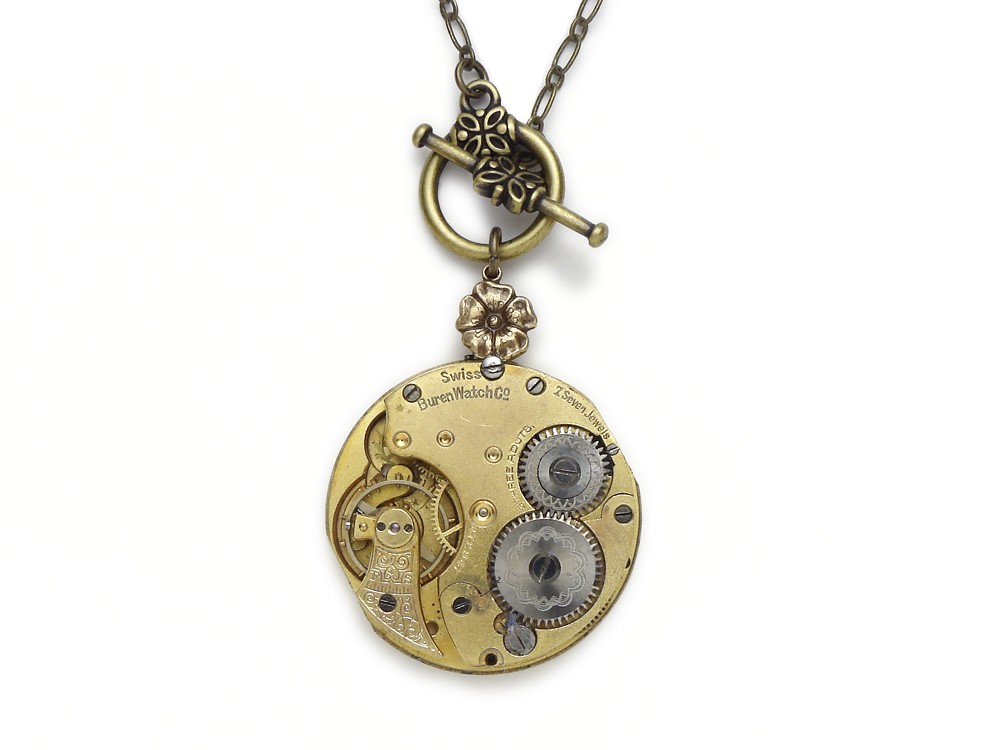 Steampunk Necklace guilloche gold Buren pocket watch antique 1900 engraving silver flower motif ruby jewels vintage pendant