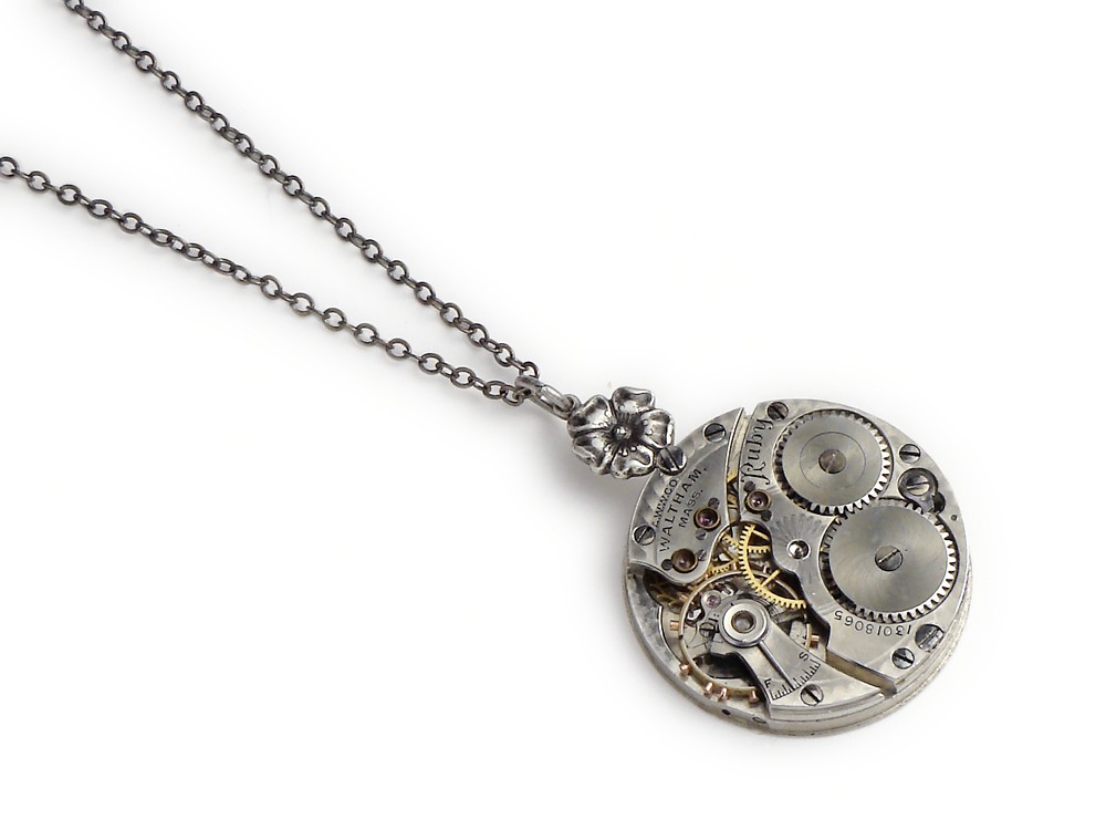 Steampunk Necklace guilloche Waltham pocket watch antique 1900 engraving 15 ruby jewels antiqued silver flower with genuine pearl filigree vintage pendant