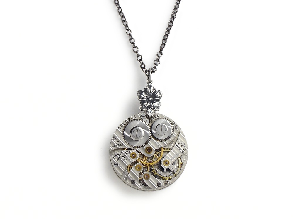 Steampunk Necklace Hamilton pinstripe engraved watch movement gears silver flower Swarovski crystal