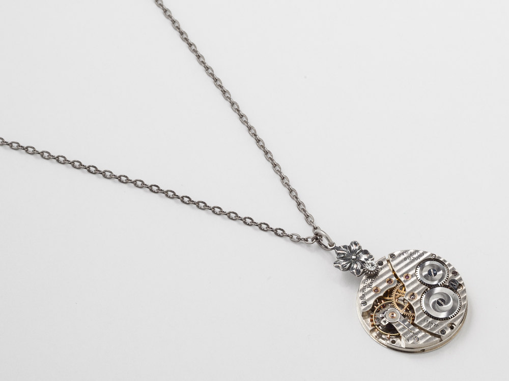 Steampunk Necklace Hamilton pinstripe Pocket watch movement gears silver flower crystal pendant Statement Necklace Steampunk Jewelry