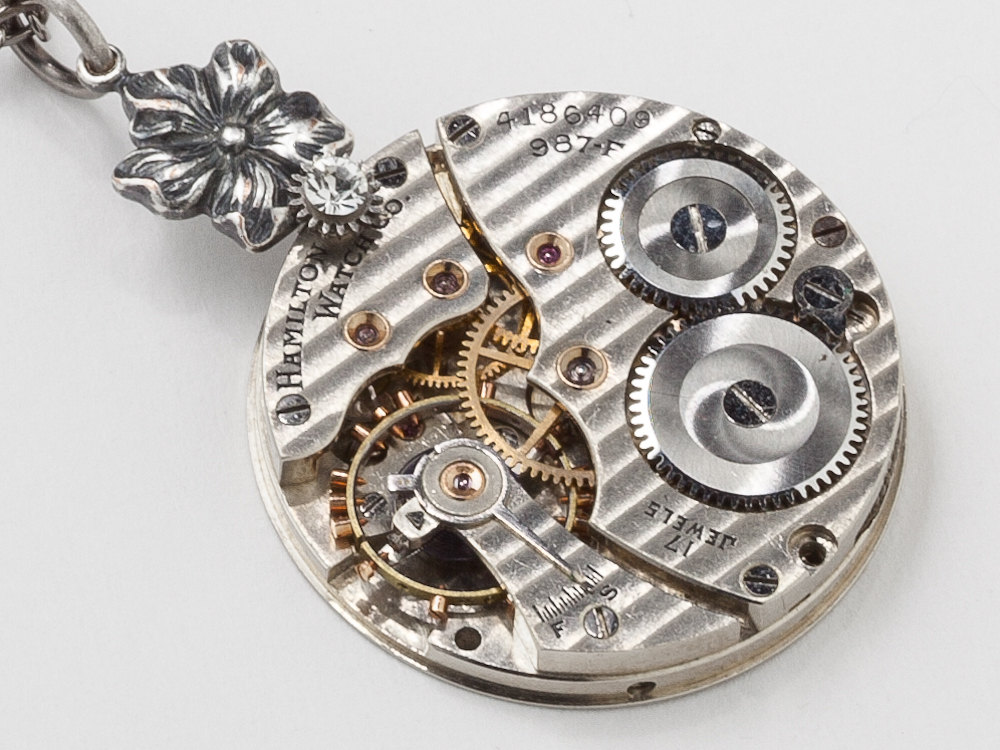 Steampunk Necklace Hamilton pinstripe Pocket watch movement gears silver flower crystal pendant Statement Necklace Steampunk Jewelry