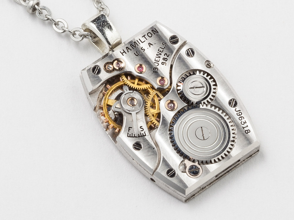 Steampunk Necklace Hamilton pinstripe silver tank watch movement unisex pendant Industrial Steampunk jewelry