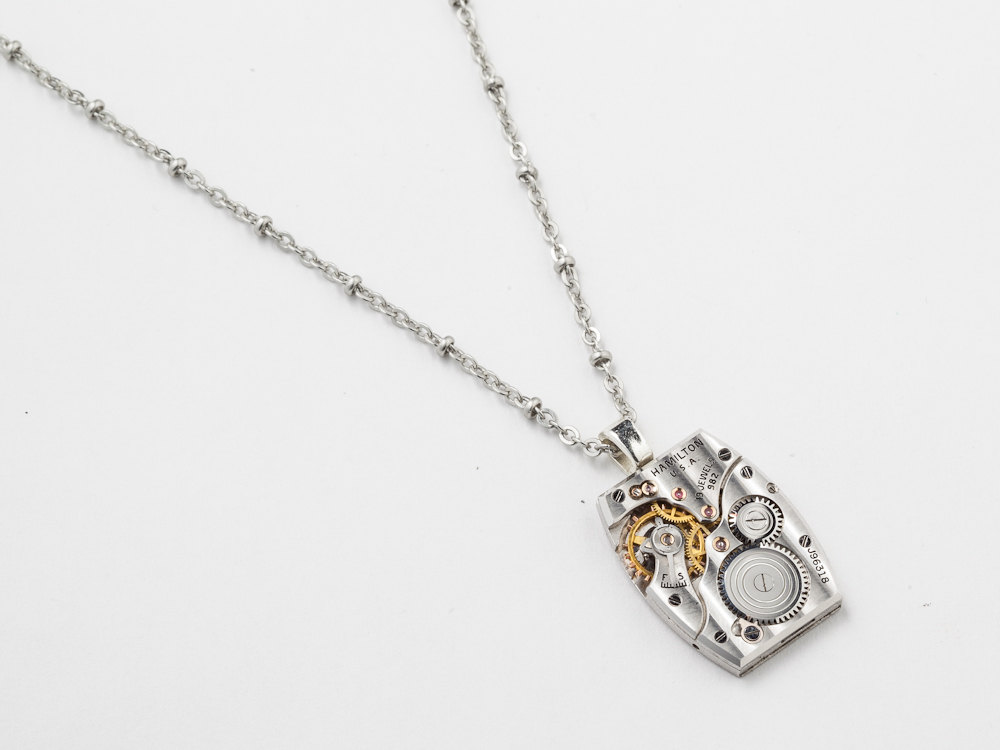 Steampunk Necklace Hamilton pinstripe silver tank watch movement unisex pendant Industrial Steampunk jewelry