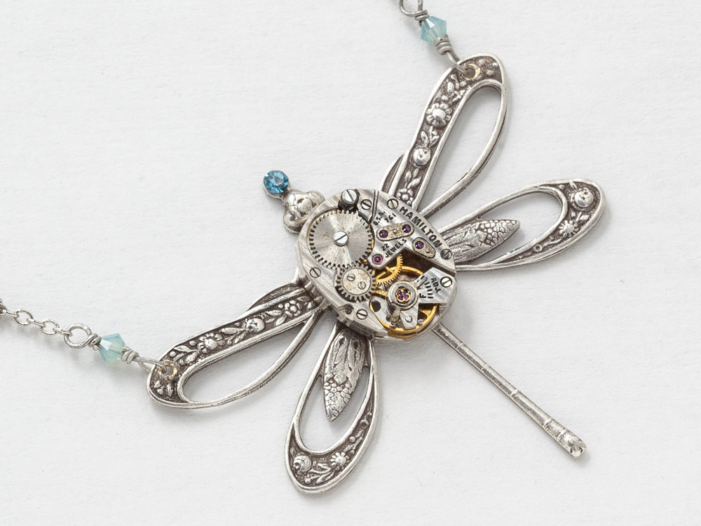 Steampunk Necklace Hamilton watch movement silver dragonfly pendant with blue Swarovski crystal Statement Necklace jewelry