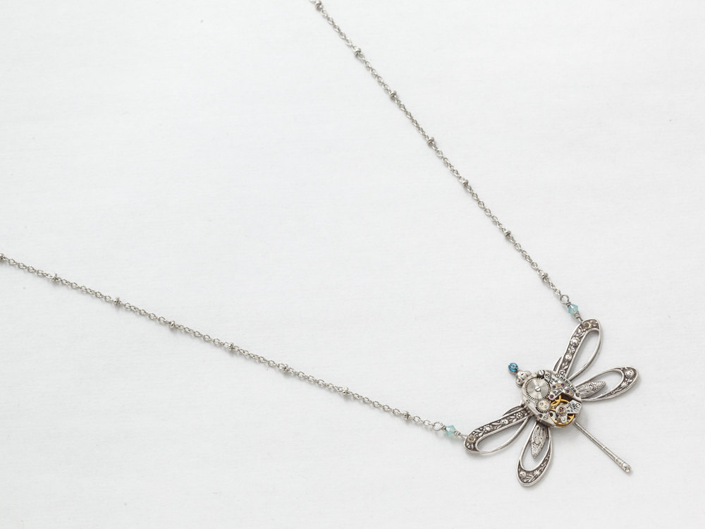 Steampunk Necklace Hamilton watch movement silver dragonfly pendant with blue Swarovski crystal Statement Necklace jewelry