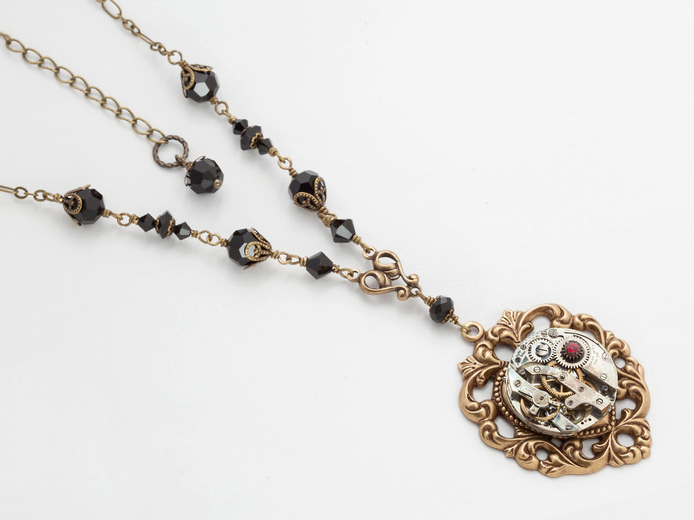 Steampunk Necklace Heart antique silver watch movement gears gold leaf flower Victorian red black crystal