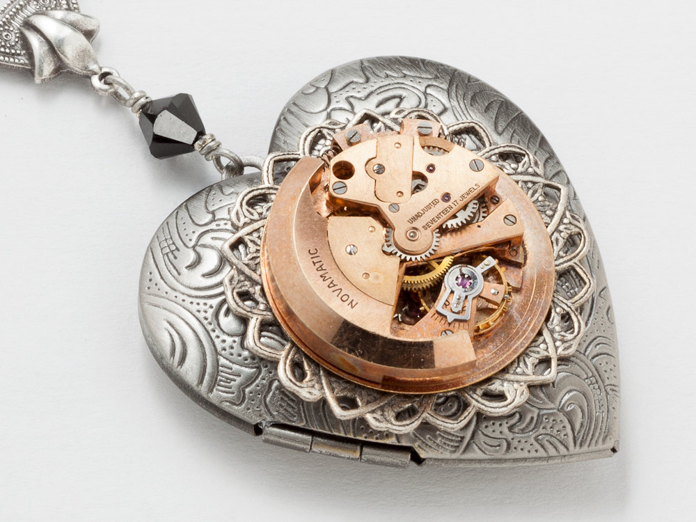 Steampunk Necklace Heart Locket rose gold watch movement gears jet black crystal leaf