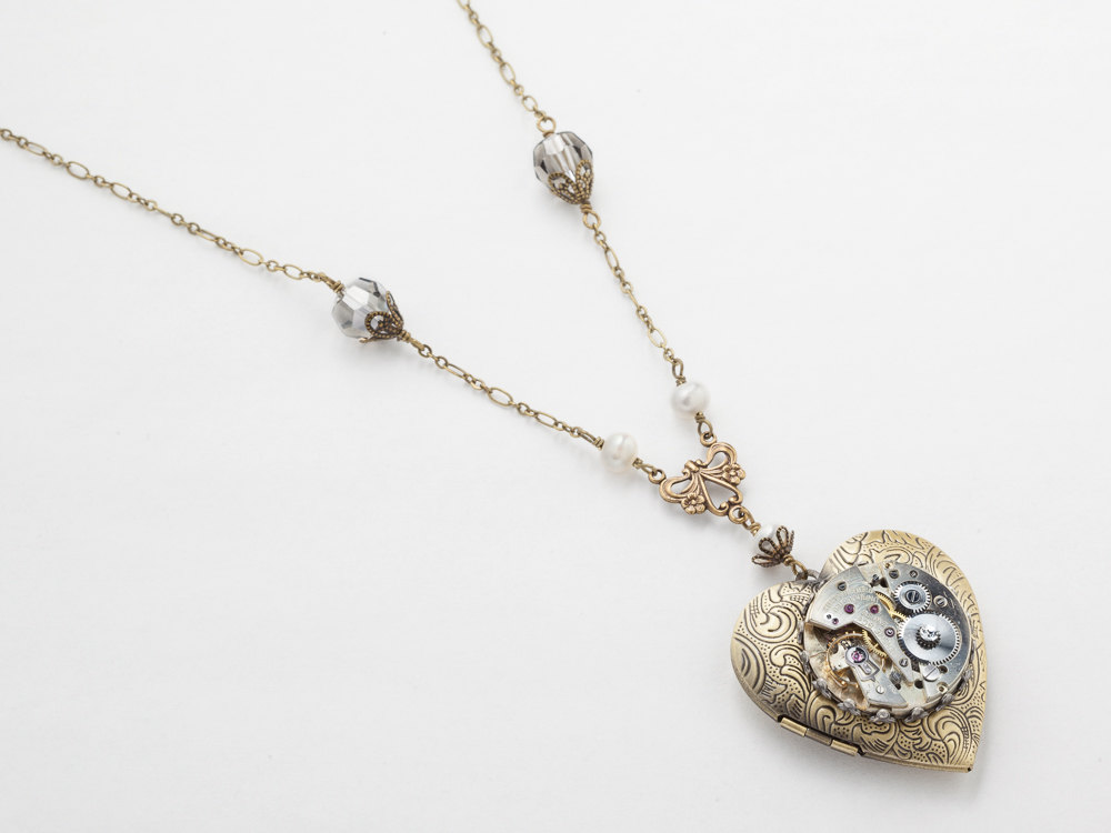 Steampunk Necklace Heart Locket silver watch movement gears gold leaf flower pearl crystal pendant Statement Steampunk jewelry