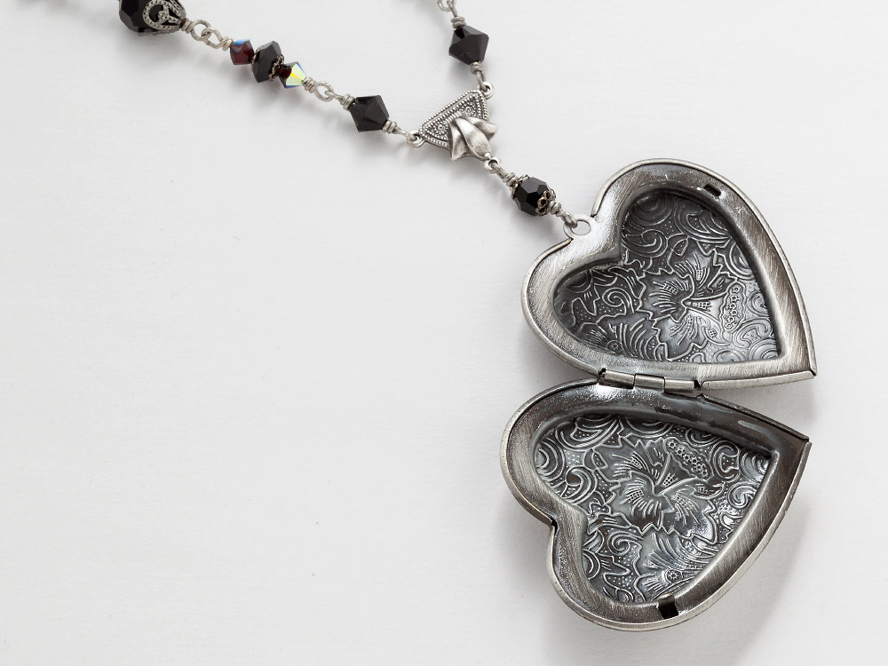 Steampunk Necklace Heart Locket watch movement gears black red garnet crystal leaf Victorian pendant jewelry