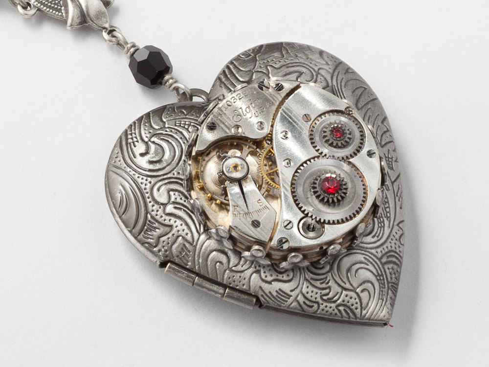Steampunk Necklace Heart Locket watch movement gears black red garnet crystal silver leaf Victorian pendant Statement Necklace