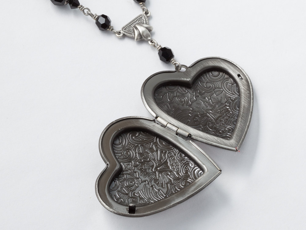 Steampunk Necklace Heart Locket watch movement gears black red garnet crystal silver leaf Victorian pendant Statement Necklace