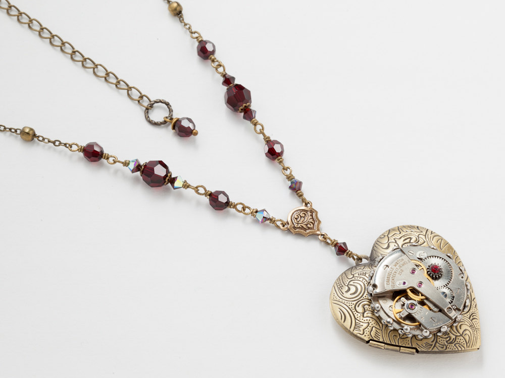 Steampunk Necklace Heart Locket watch movement gears gold leaf garnet red crystal pendant Steampunk jewelry