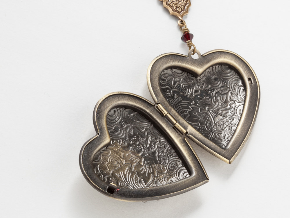 Steampunk Necklace Heart Locket watch movement gears gold leaf garnet red crystal pendant Steampunk jewelry