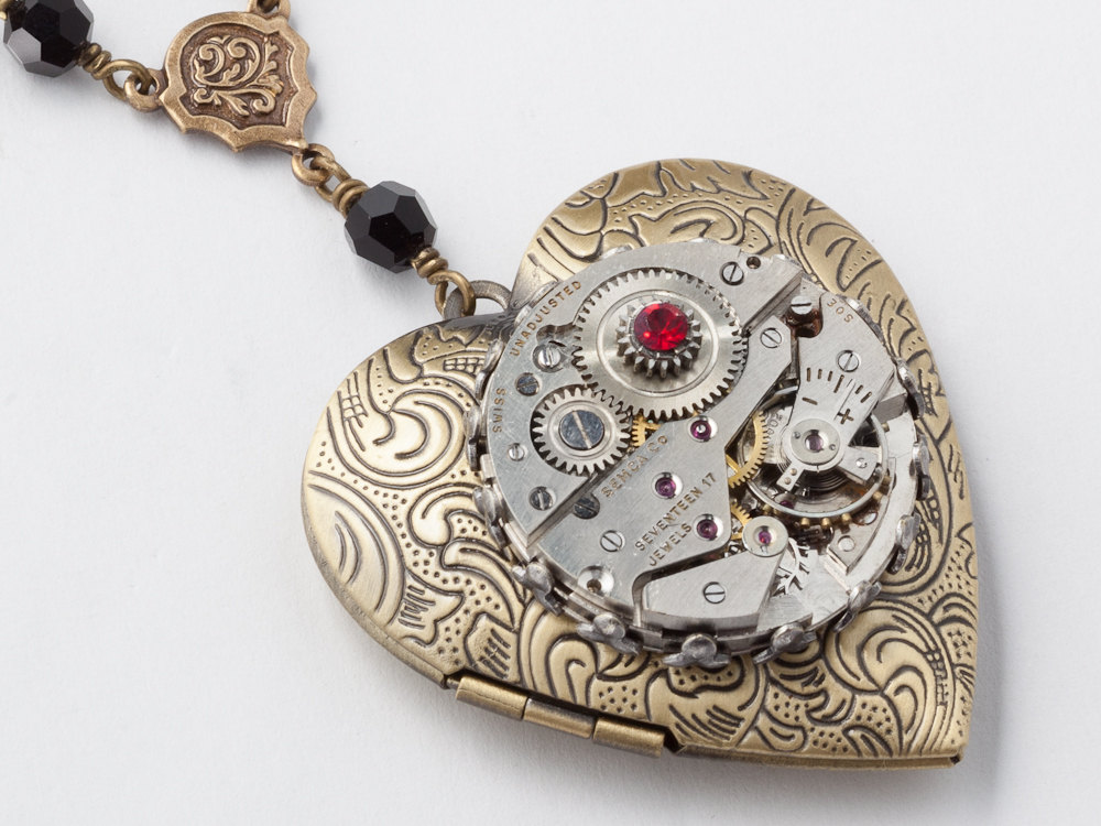 Steampunk Necklace Heart Locket watch movement gears gold leaf red black crystal pendant Steampunk jewelry