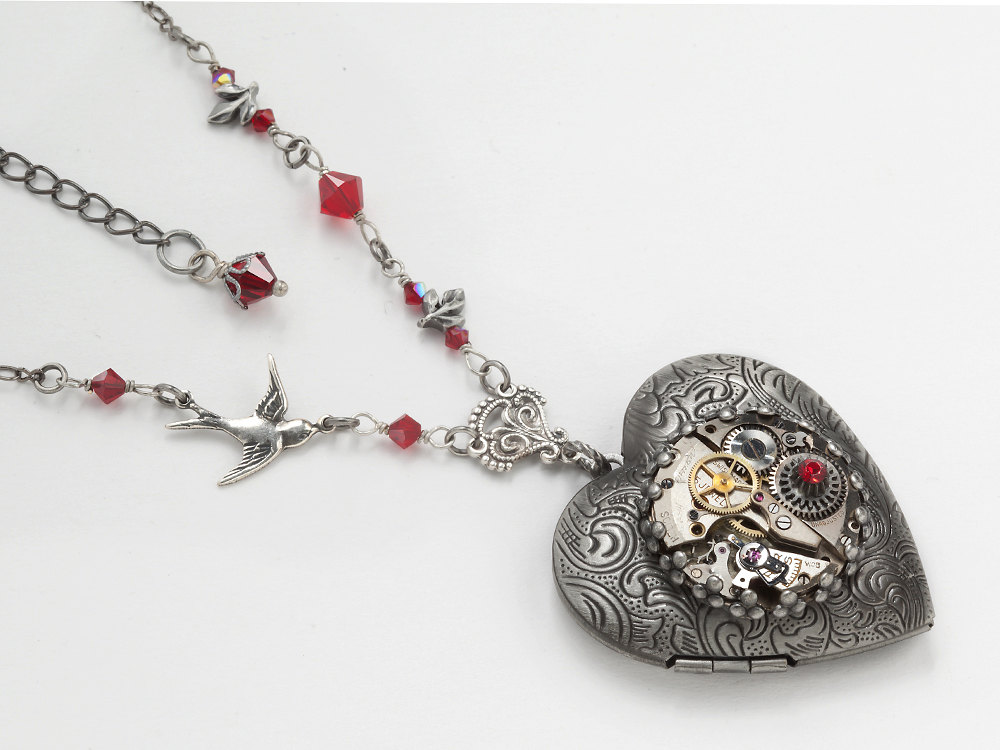 Steampunk Necklace Heart Locket watch movement gears silver bird leaf red garnet crystal pendant jewelry