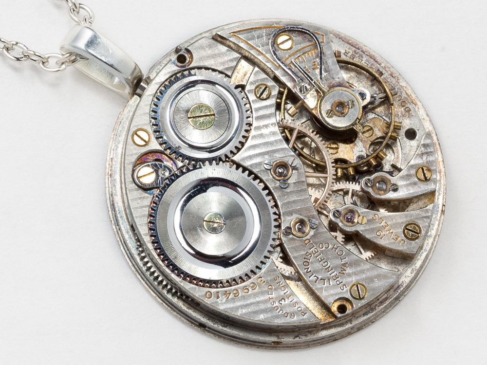 Steampunk Necklace Illinois Silver Pocket Watch Movement with Pinstripe Engraving Edwardian pendant Statement Necklace