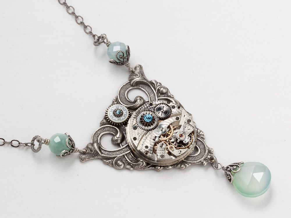 Steampunk Necklace Illinois watch movement gears blue crystal Chalcedony silver filigree jewelry