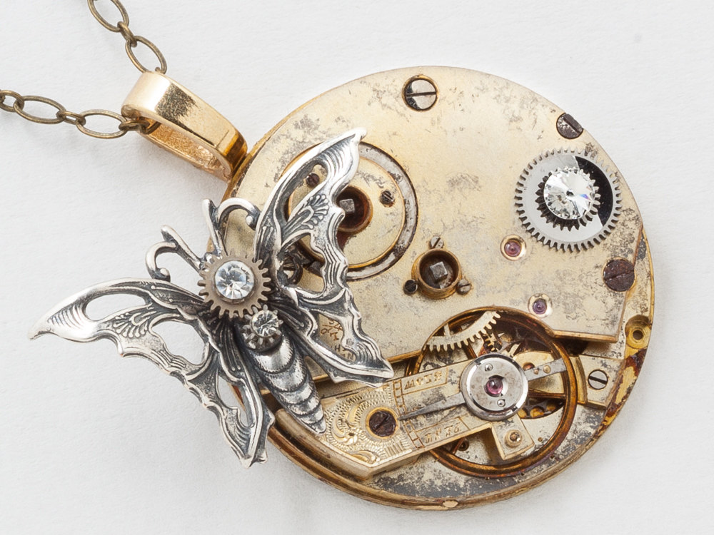 Steampunk Necklace Keywind Gold Pocket Watch with Filigree Silver Butterfly and Swarovski Crystal Pendant Statement Necklace