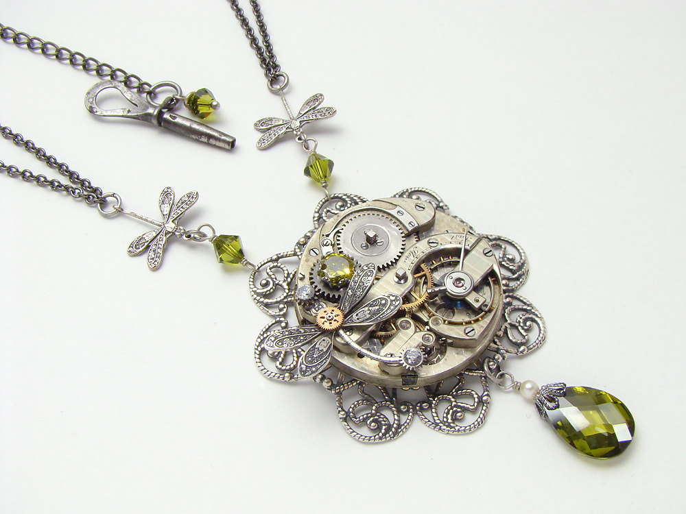 Steampunk Necklace keywind running watch movement gears silver Victorian filigree dragonfly green crystal