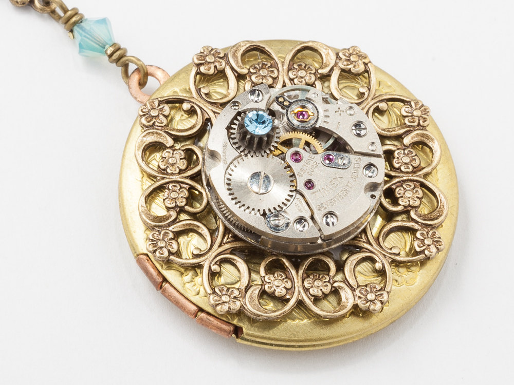 Steampunk Necklace Locket silver watch movement gears gold filigree flower blue opal crystal Steampunk jewelry