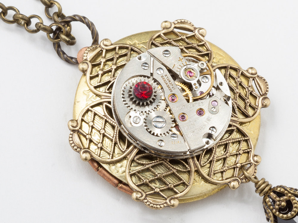 Steampunk Necklace Locket silver watch movement gears gold filigree flower red black crystal Steampunk jewelry