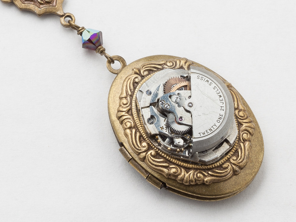 Steampunk Necklace Locket silver watch movement gears gold leaf garnet red crystal pendant Statement Necklace Steampunk jewelry