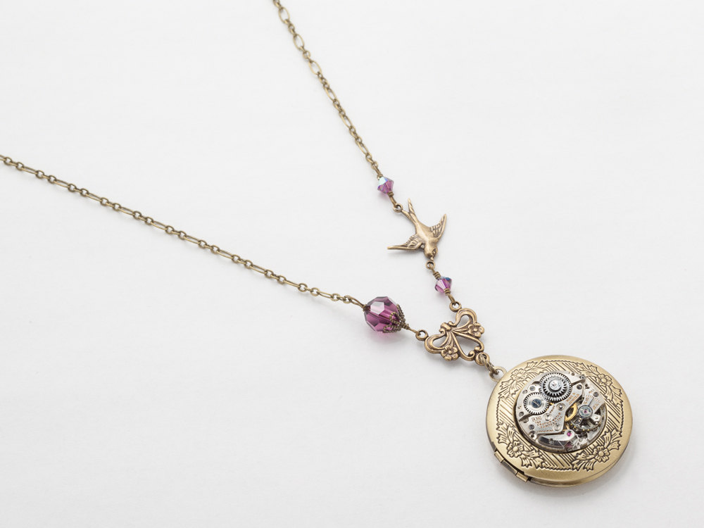 Steampunk Necklace Locket silver watch movement purple crystal gold bird charm flower leaf pendant Statement Steampunk jewelry