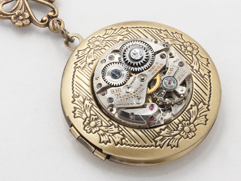 Steampunk Necklace Locket silver watch movement purple crystal gold bird charm flower leaf pendant Statement Steampunk jewelry