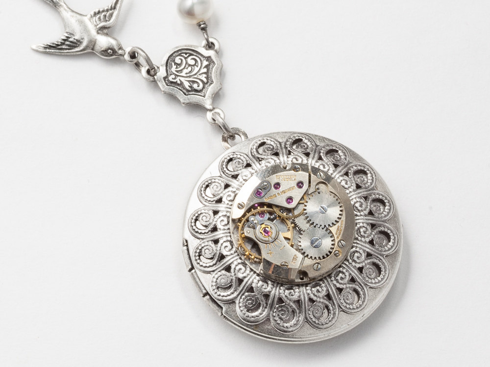 Steampunk Necklace Locket watch movement gears pearl filigree leaf silver bird charm Steampunk jewelry Statement Pendant womens
