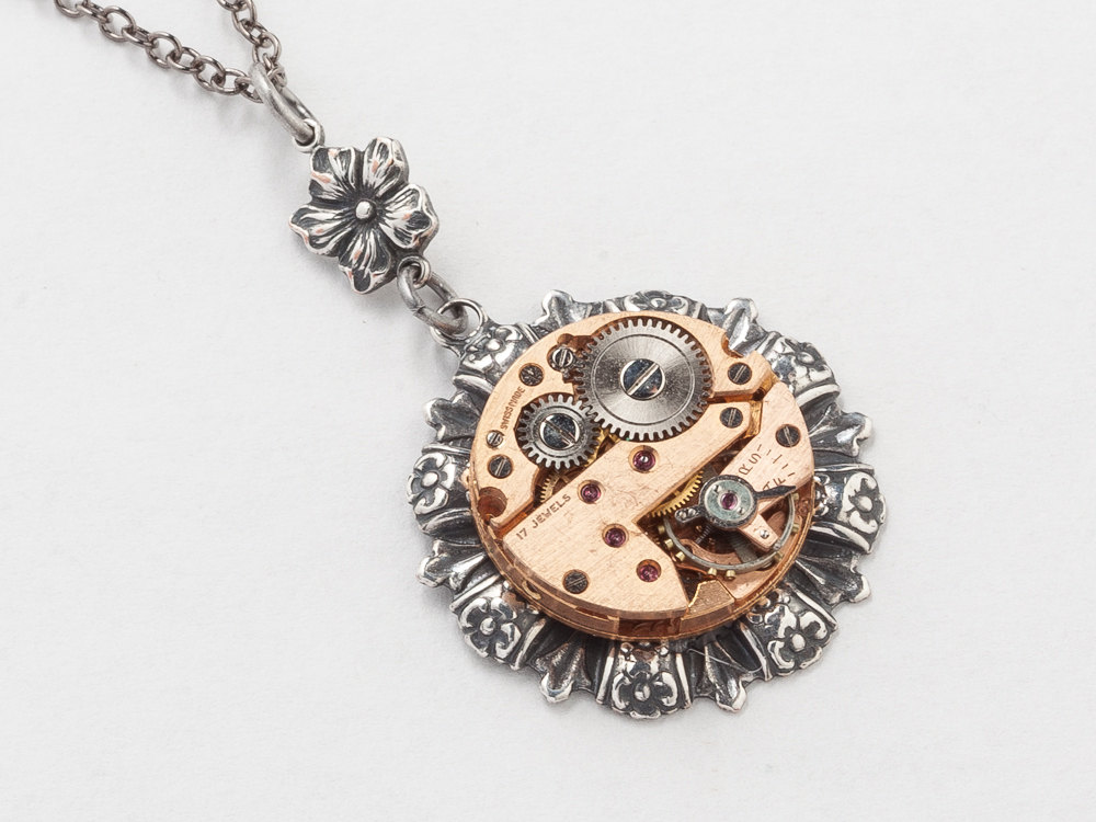 Steampunk Necklace pink rose gold watch movement gears silver flower leaf pendant Statement Necklace Steampunk jewelry