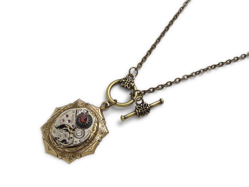 Steampunk Necklace pinstripe watch movement antique 1940 silver gear set with genuine red garnet faceted stone motif antiqued gold brass bezel vintage pendant toggle clasp