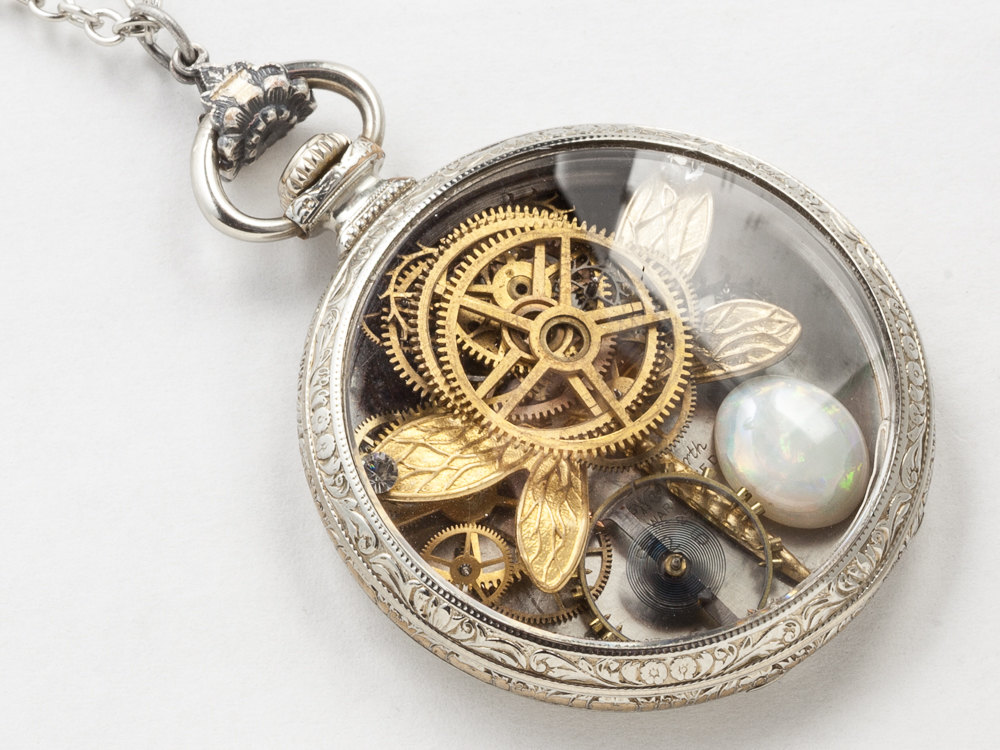 Steampunk Necklace pocket watch case 14k white gold filled gears dragonfly pendant genuine opal locket Statement necklace