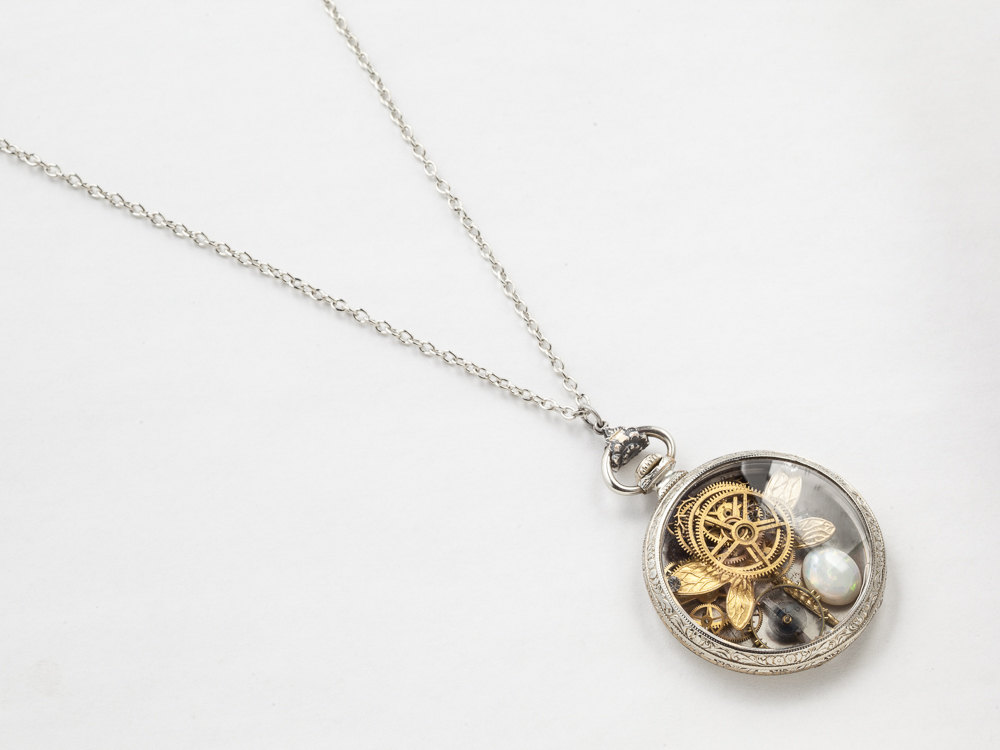 Steampunk Necklace pocket watch case 14k white gold filled gears dragonfly pendant genuine opal locket Statement necklace