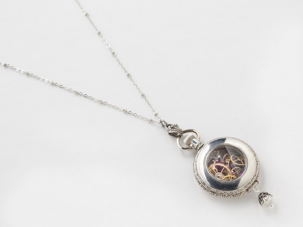 Steampunk Necklace pocket watch case with gears rose gold flower inlay pearl Amethyst Sterling Silver locket necklace jewelry