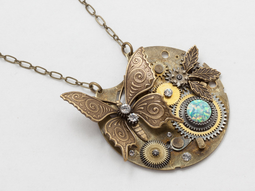 Steampunk Necklace pocket watch gears with Opal Swarovski crystal gold leaf butterfly pendant necklace Statement Necklace
