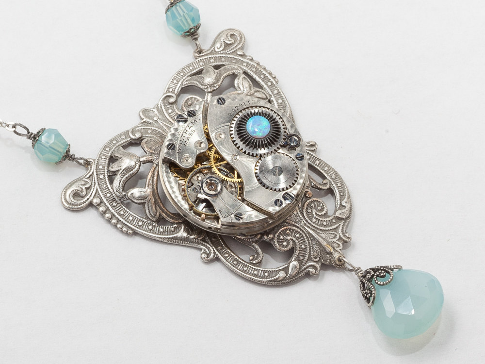 Steampunk Necklace Pocket watch movement blue crystal Opal Chalcedony Victorian silver flower filigree Statement necklace