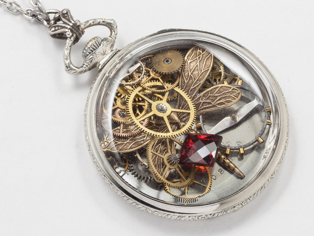 Steampunk Necklace pocket watch movement case 14k white gold filled gears wheels dragonfly red garnet locket Steampunk jewelry