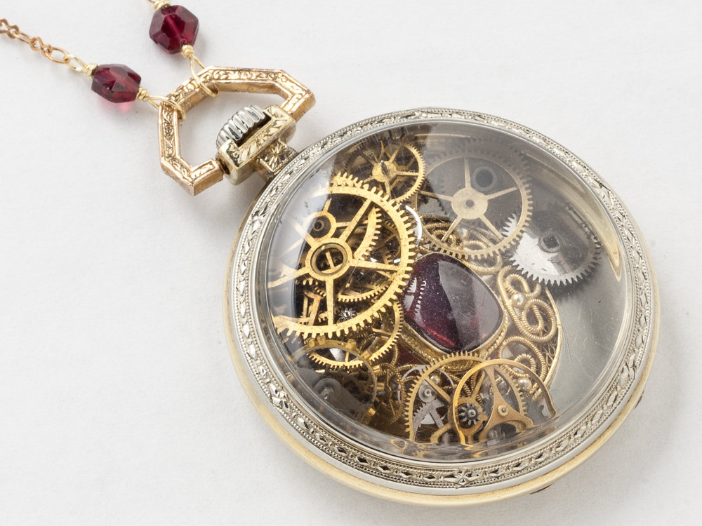 Steampunk Necklace pocket watch movement case 14k white rose gold filled gears wheels vermeil red garnet locket pendant jewelry