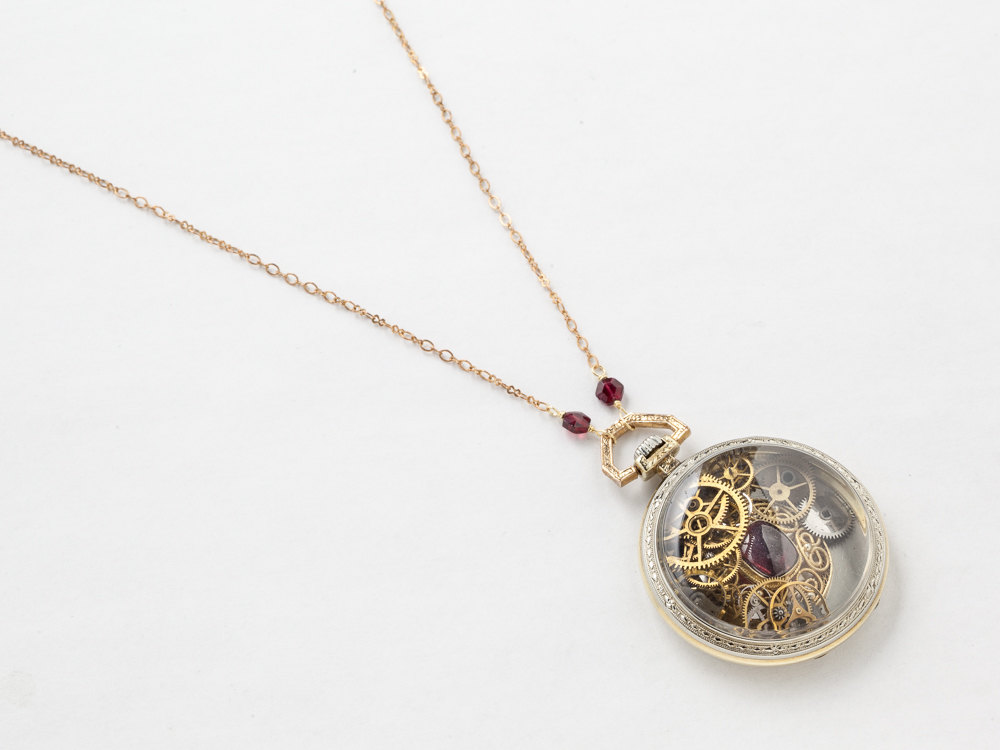 Steampunk Necklace pocket watch movement case 14k white rose gold filled gears wheels vermeil red garnet locket pendant jewelry