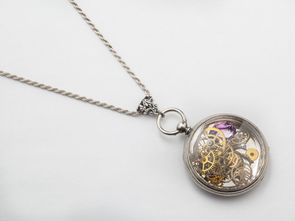 Steampunk Necklace pocket watch movement case gears Amethyst gold bumble bee Sterling Silver rope chain locket pendant necklace