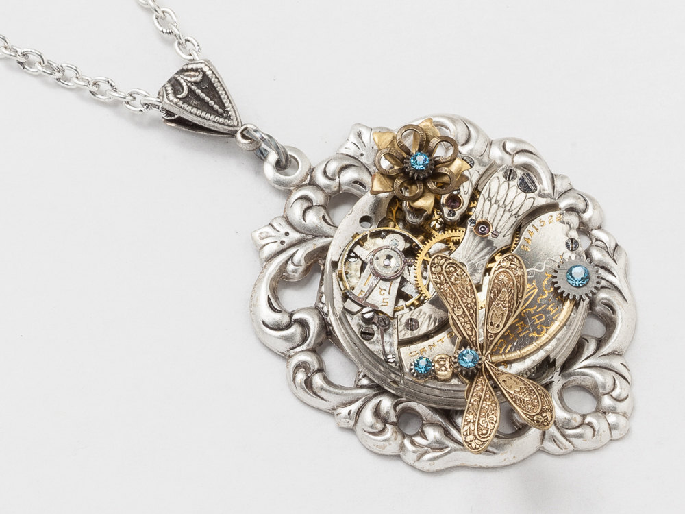 Steampunk Necklace pocket watch movement flower gold dragonfly blue crystal silver filgree heart pendant Steampunk jewelry