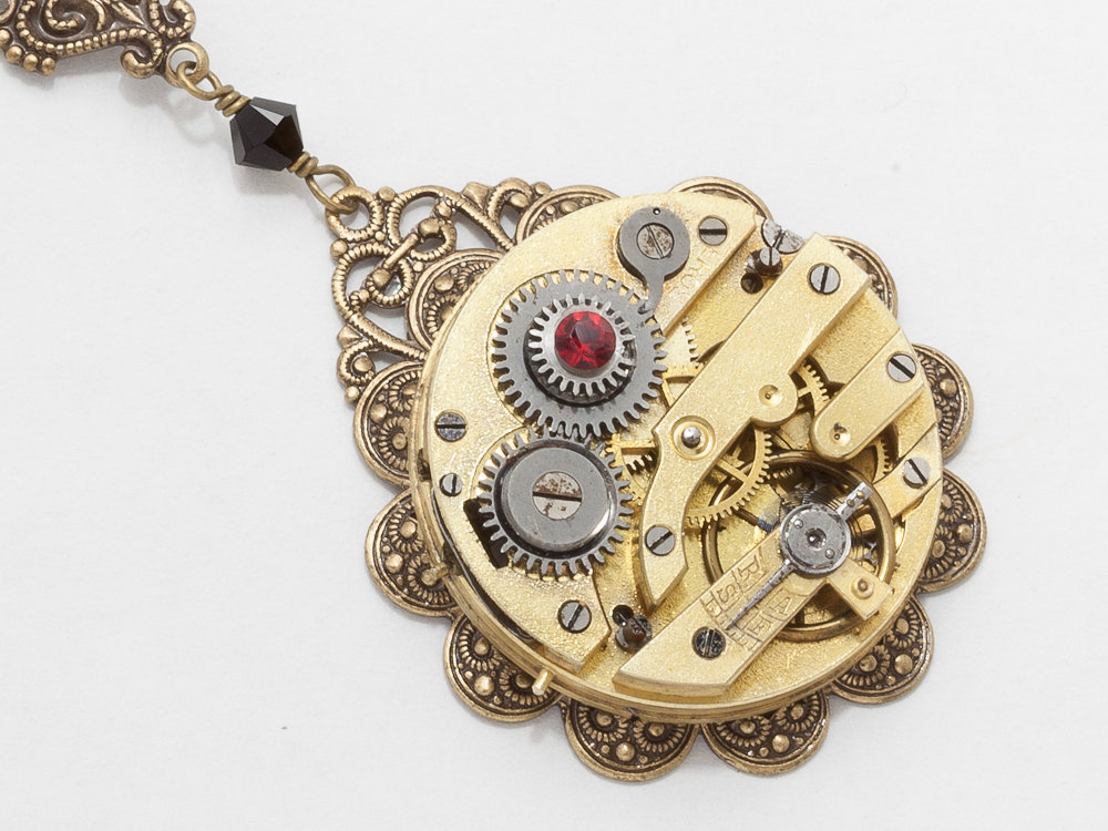 Steampunk Necklace Pocket watch movement gears gold filigree flower leaf ruby red black crystal Victorian Steampunk Jewelry