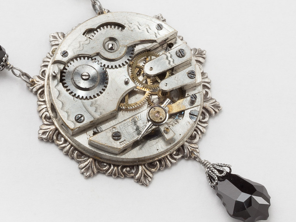 Steampunk Necklace Pocket watch movement gears Silver bird leaf filigree jet black crystal Statement Necklace Steampunk Jewelry