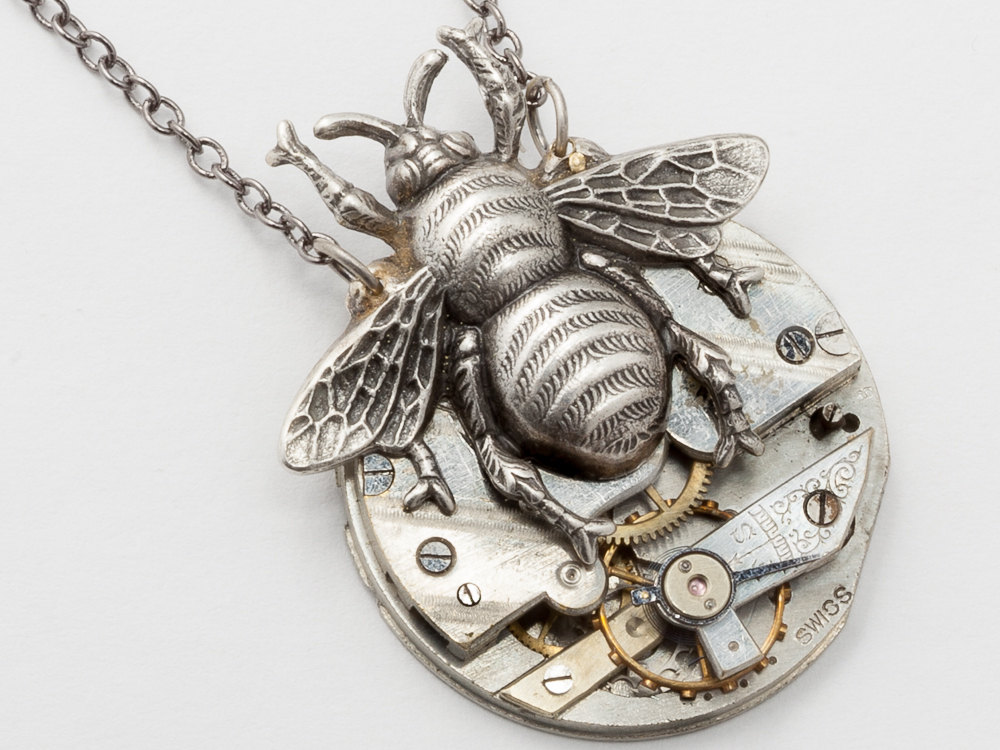 Steampunk Necklace pocket watch movement gears silver bumble bee pendant Steampunk jewelry Statement Necklace