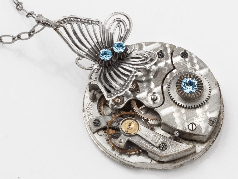 Steampunk Necklace pocket watch movement gears silver butterfly blue crystal Steampunk jewelry