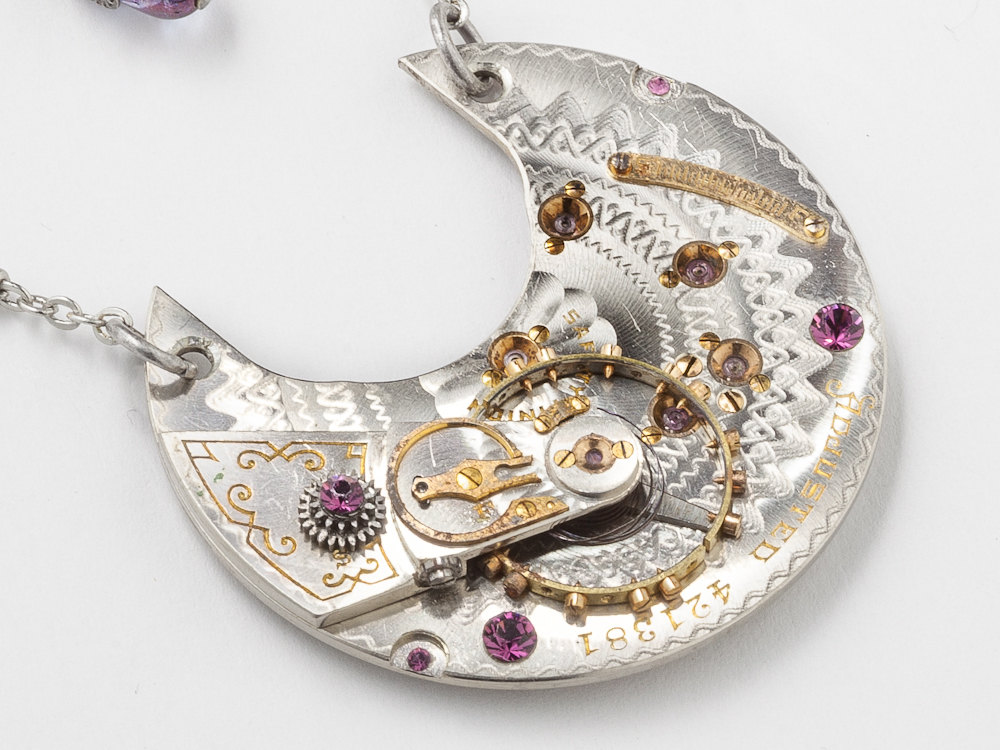 Steampunk necklace pocket watch movement gold gears purple crystal Steampunk jewelry
