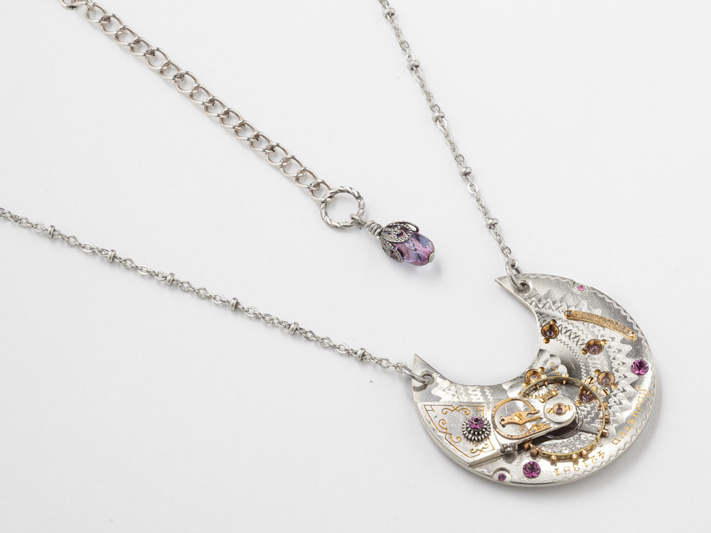 Steampunk necklace pocket watch movement gold gears purple crystal Steampunk jewelry