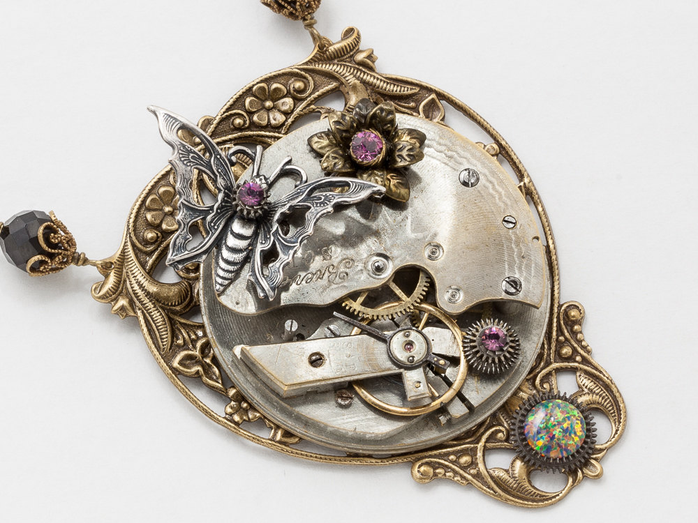 Steampunk Necklace pocket watch movement purple black crystal Opal silver butterfly pendant Gold filigree statement necklace