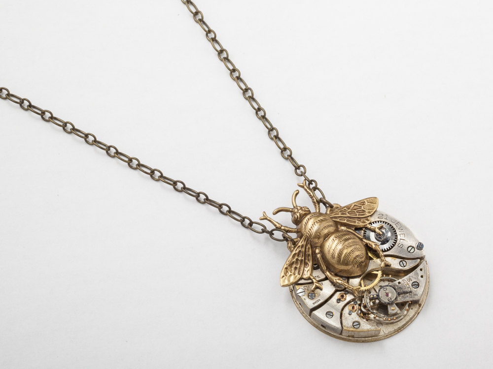 Steampunk Necklace pocket watch movement silver gears gold bumble bee Victorian pendant Steampunk jewelry Statement Necklace